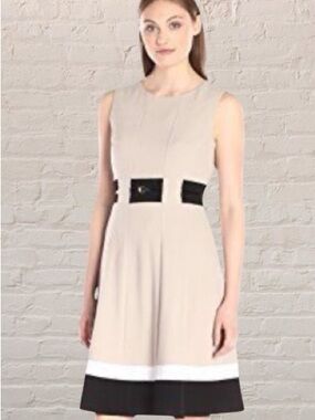 Calvin Klein Dress Size 14 tan,Black,white belted, lined,Sleeveless,stretch